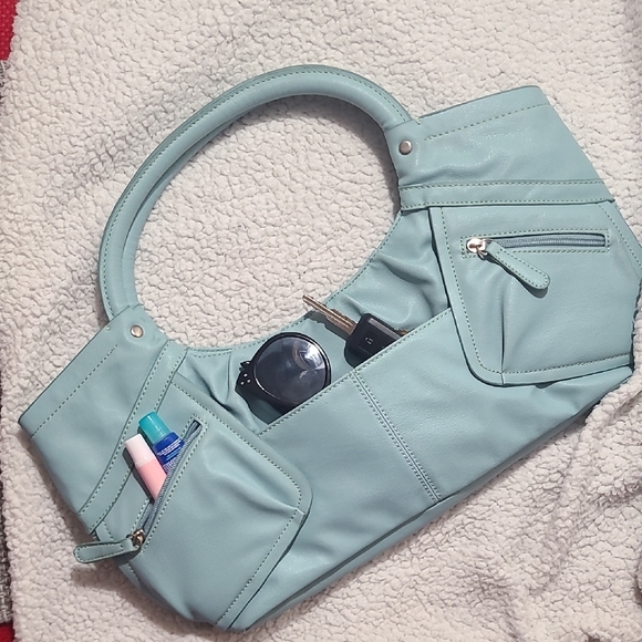 Y2K Blue Faux Leather Shoulder Bag | Slouchy Mini Tote w/ Zip Pockets - Picture 16 of 16